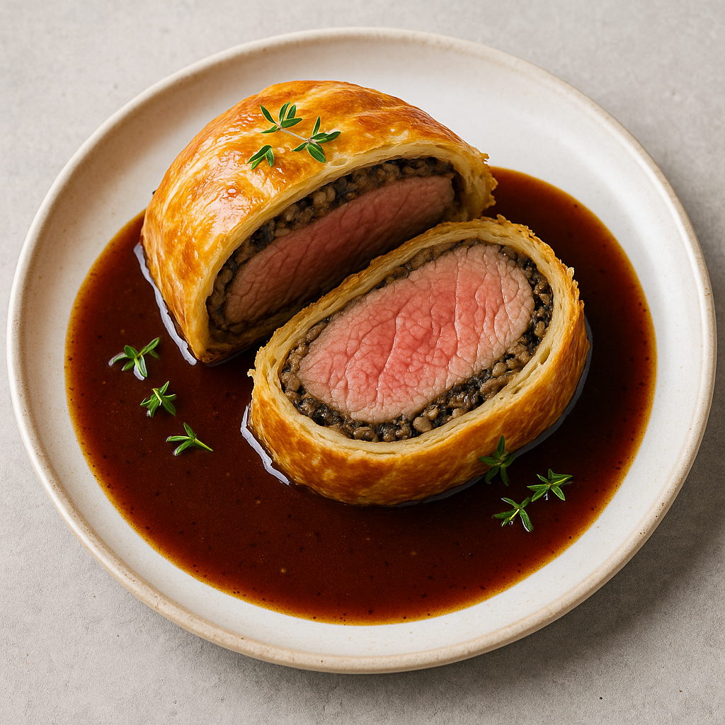 Beef mit Pilz‑Duxelles und Rotweinsauce