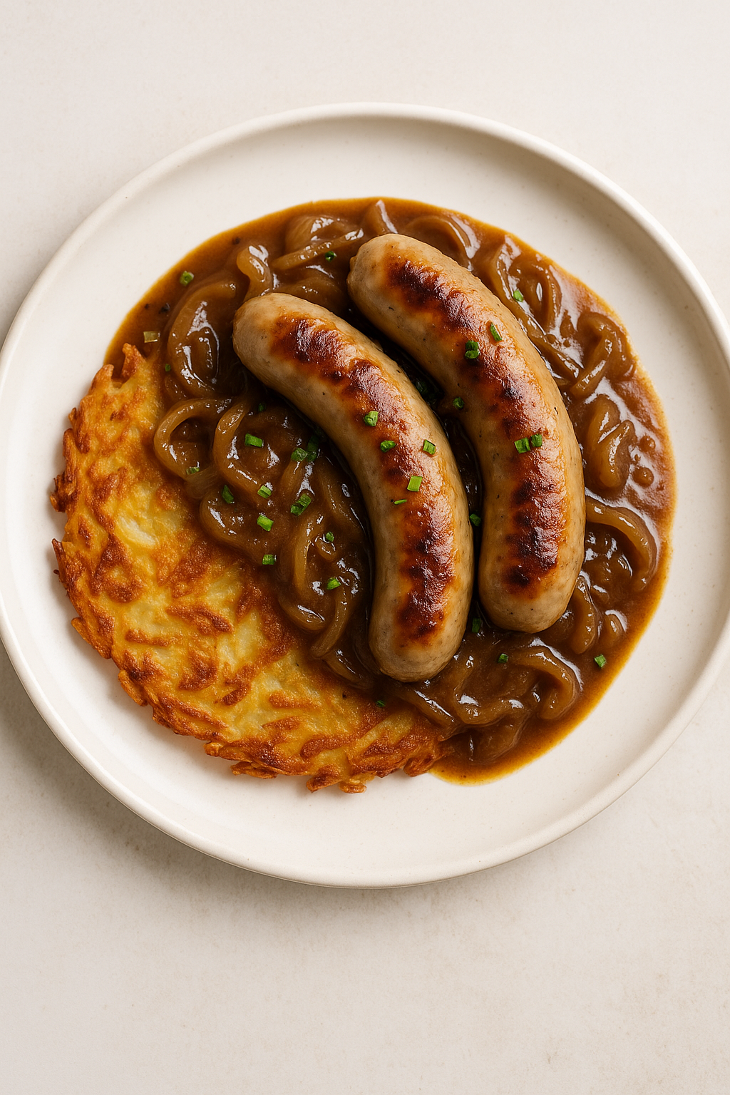 Bratwurst mit Zwiebelsauce und Rösti
