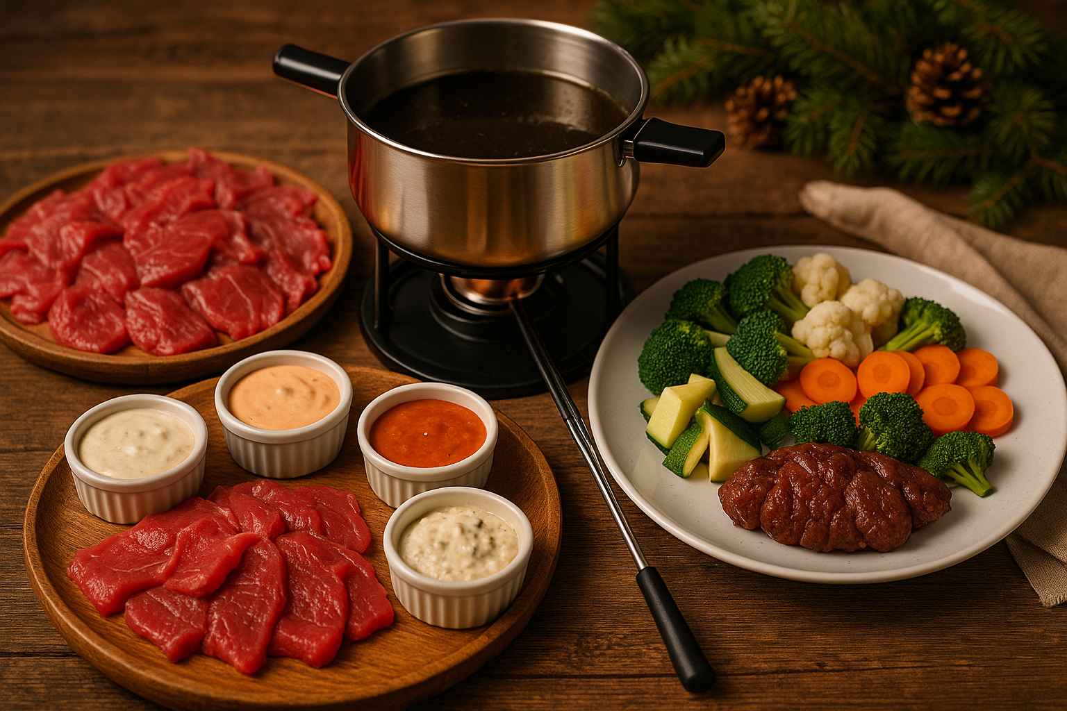 Fondue Chinoise mit hausgemachten Saucen und Gemüse