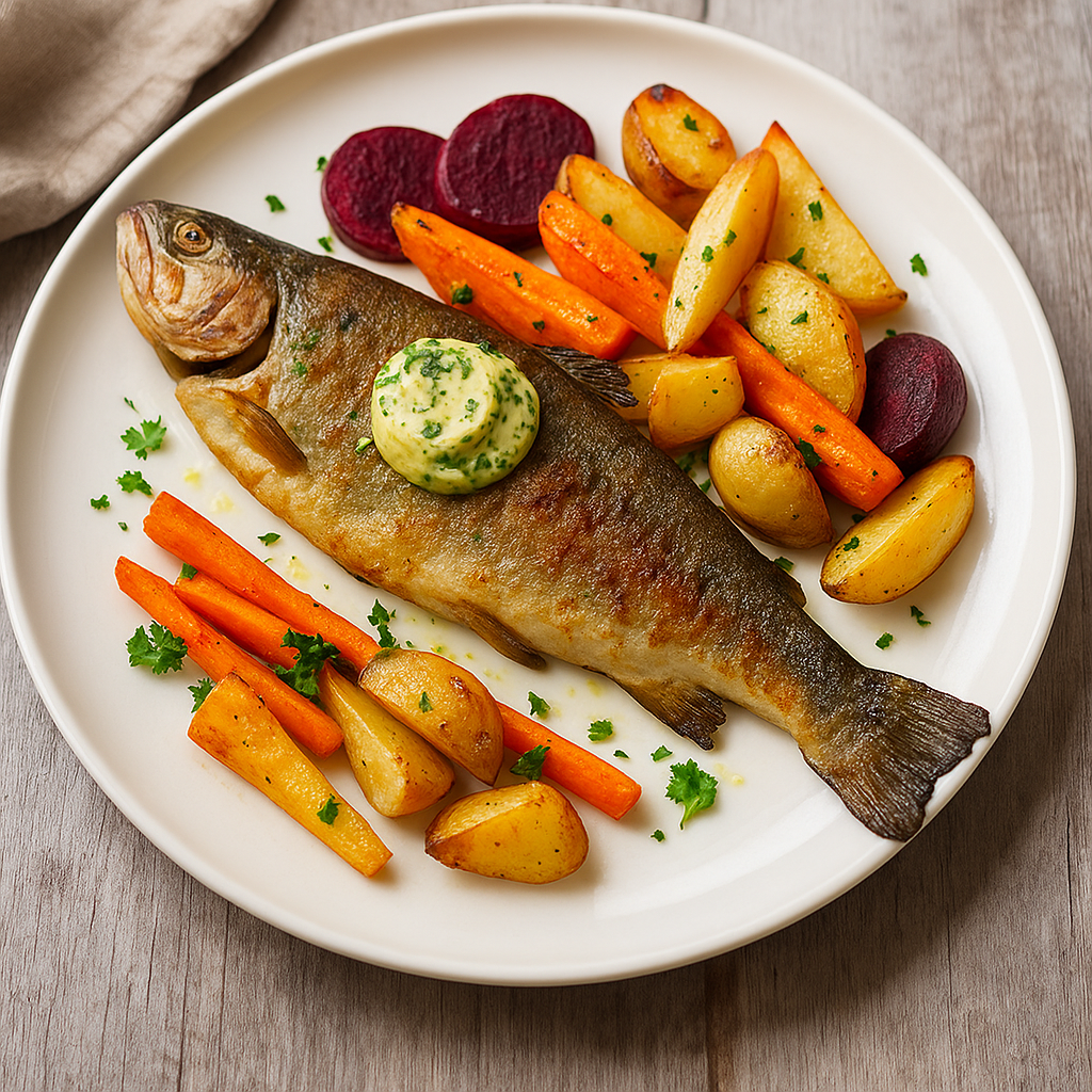 Forelle mit Kräuterbutter und Ofengemüse
